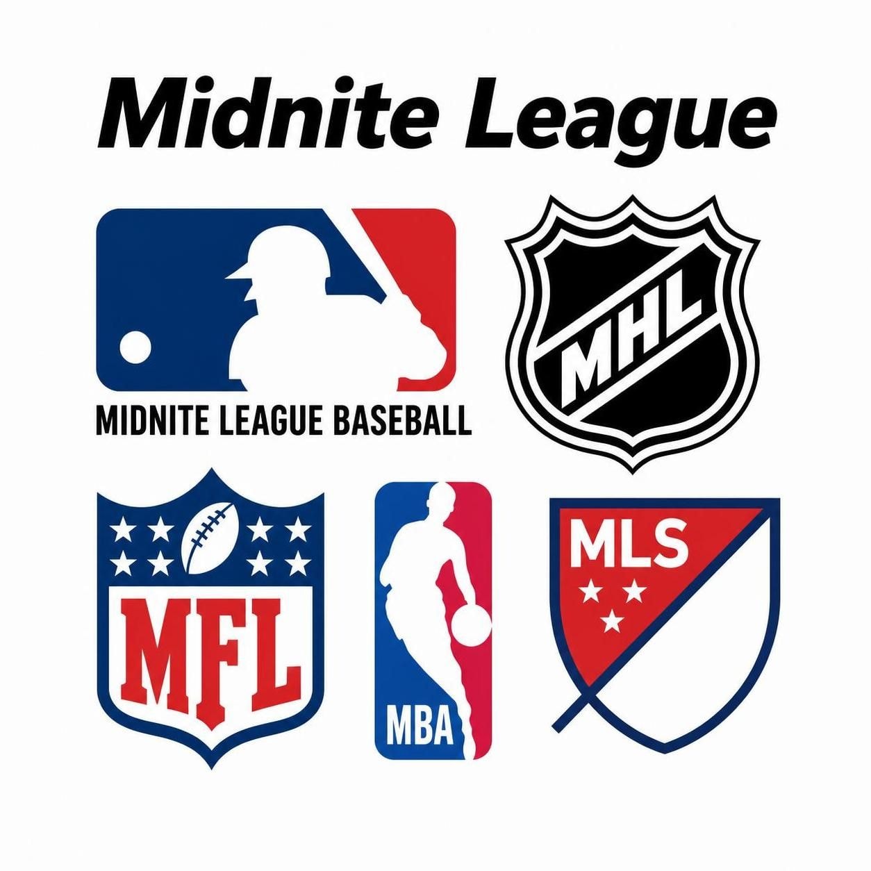 Midnite League sports logos — Baseball, Hockey, Football, Basketball, Soccer